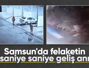 Samsun’da 4 kişilik ailenin aracının heyelan altında kaldığı anlar kamerada